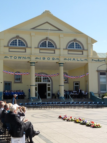 Town hall and wreaths at Armistice Day service in Hamilton