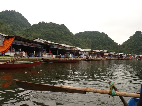 Looking back at all the restaurants along the rivers edge