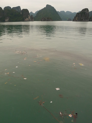 Oil slick and rubbish floating in Ha Long Bay