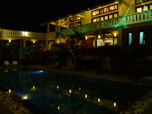 Night view of the swimming pool at our hotel in Hoi An